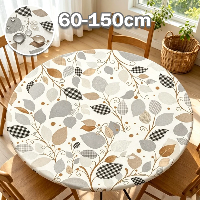 Large Festival Round Tablecloth Wrinkle Resistant Polyester Waterproof Oil Proof Elastic Table Cover Pumpkin Leaf Print Decor