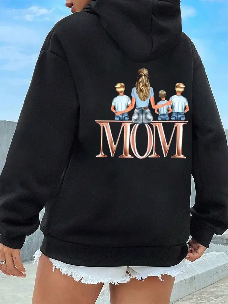 Loose Maycaur Women\'s Sweatshirts Cartoon Mom with Son Graphic Hoodies Fashion Print Casual Woman Ladies Female Y2K Clothes