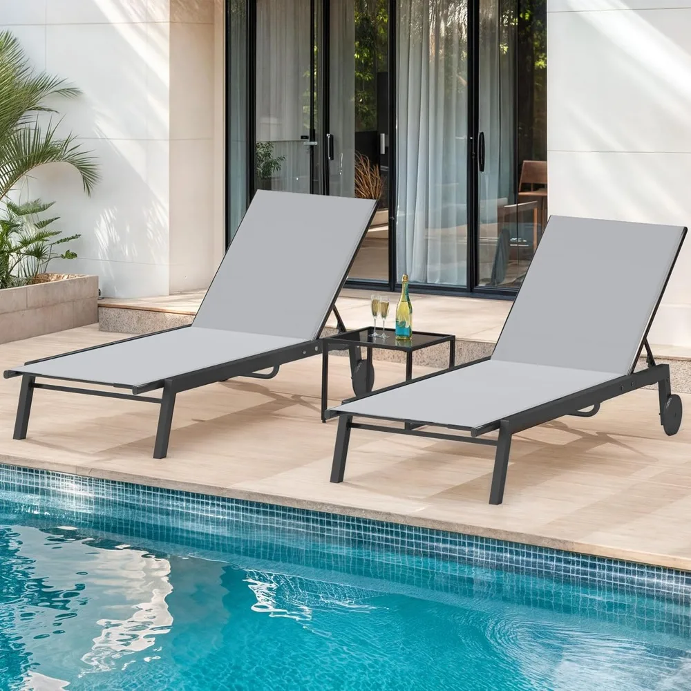 Outdoor Chaise Lounge Set, 2 Patio Chaise Lounge Chairs with Side Table, Textile Pool Loungers with 5-Level Backrest and Wheels