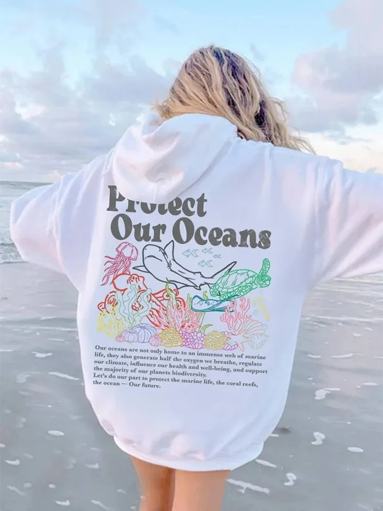 Autumn Winter Protect Our Oceans Respect The Local Print Women Hoodie Long Sleeves Trend Pocket Casual Female Cotton Top Clothes