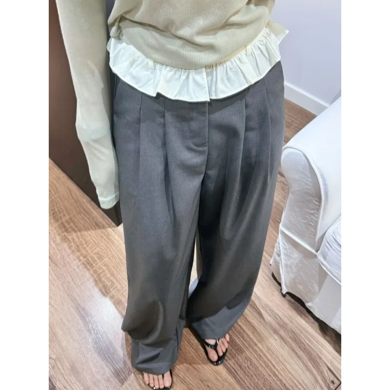 

Deeptown Y2k Baggy Grey Ruffles Pants Woman Elegant Sweet Basic Wide Leg Trousers Korean Casual Harajuku Patchwork Pantalones