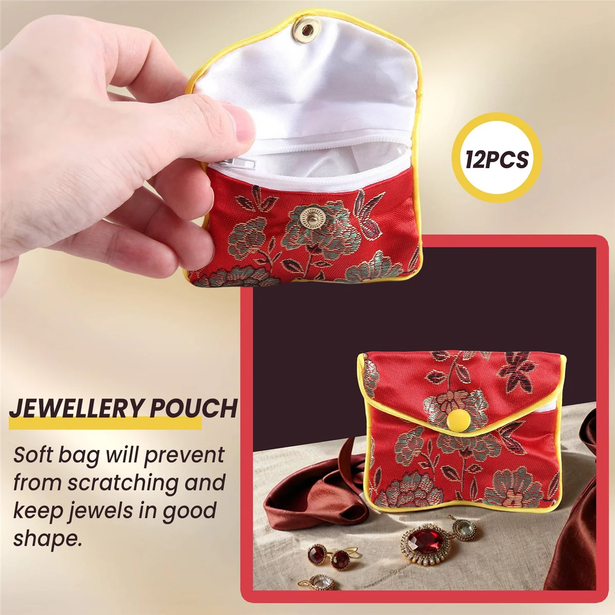 FZFZ 12 1 で小さなジュエリーボックスジュエリーレッドジュエリーバッグ刺繍シルク布バッグ小銭入れ