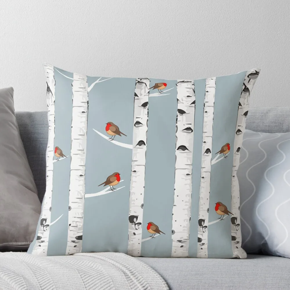 Birch trees forest and robin bird, this is redbreast in winter forest, perfect for natura lovers Throw Pillow Anime