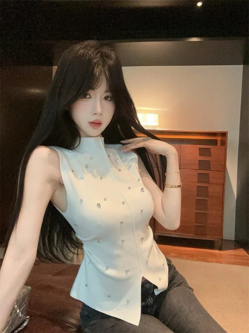 

Pure Desire Gentle Heavy Diamond Embellished Knitted Vest Women's Summer High-End Sensation Lady's Personality Split Sleevele...