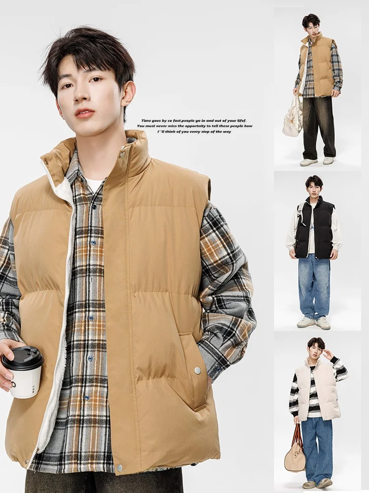 

Модный мужской зимний жилет из овечьего вельвета, однотонный, с воротником-стойкой, из утолщенного полиэстерового смесового волокна, теплый