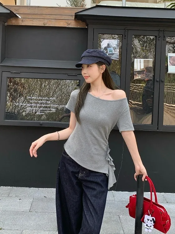 

Chic Shoulder Bared Short Sleeve T Shirt Women's Summer New Style Slimming Draped Asymmetrical Korean Version Breathable Skin...