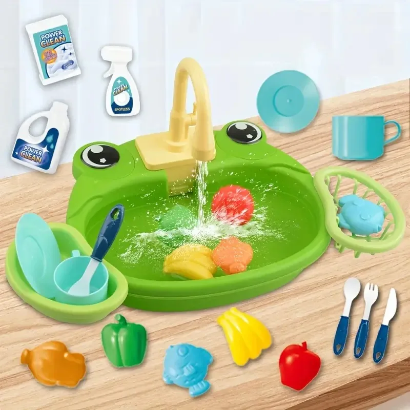 Play House Cartoon Simulation Kitchen Dishwashing Table Electric Faucet Cycle Out Water Parent-child Interaction Children's Toys