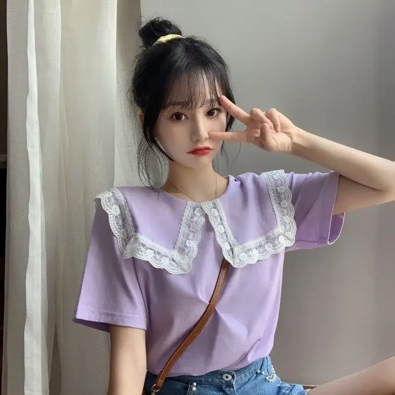 Tops para mujer, camisa y blusa negra bonita para mujer, ropa de manga corta, túnica con cuello Kawaii, Vintage M, estilo coreano fresco, nuevo S
