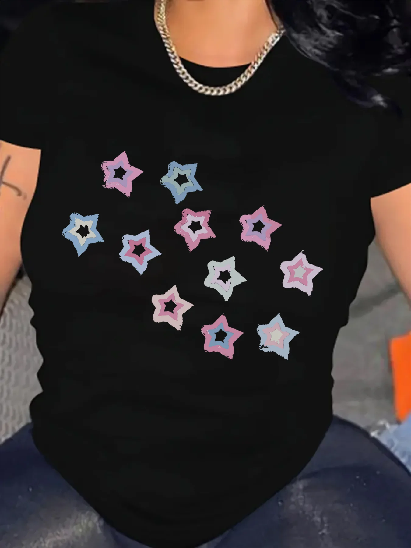 

Colorful Stars Graphic Printing Summer Autumn Winter Cotton Men's and Women's T-shirts Short Sleeves Luxury Outdoor Sports Brand