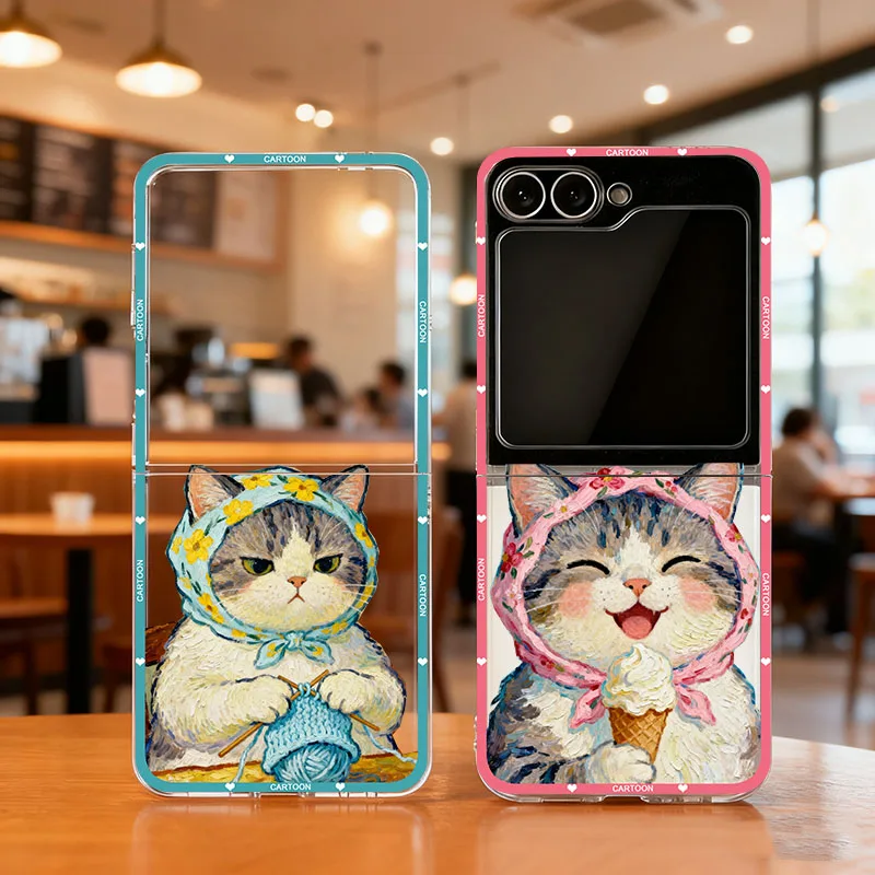 Capa de celular INS Korea com desenho de gato para Samsung Galaxy Z Flip 6 ZFlip5, capa rígida dobrável para Samsung ZFlip 4 3 7.