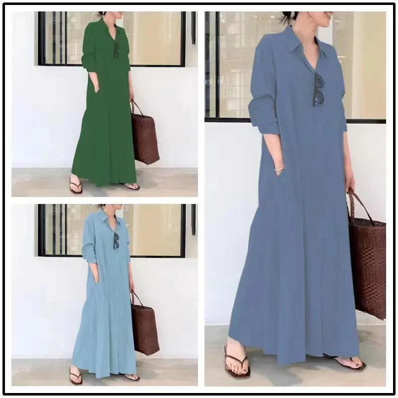 

European and American style lapel solid color loose casual cardigan long pants sun protection dress