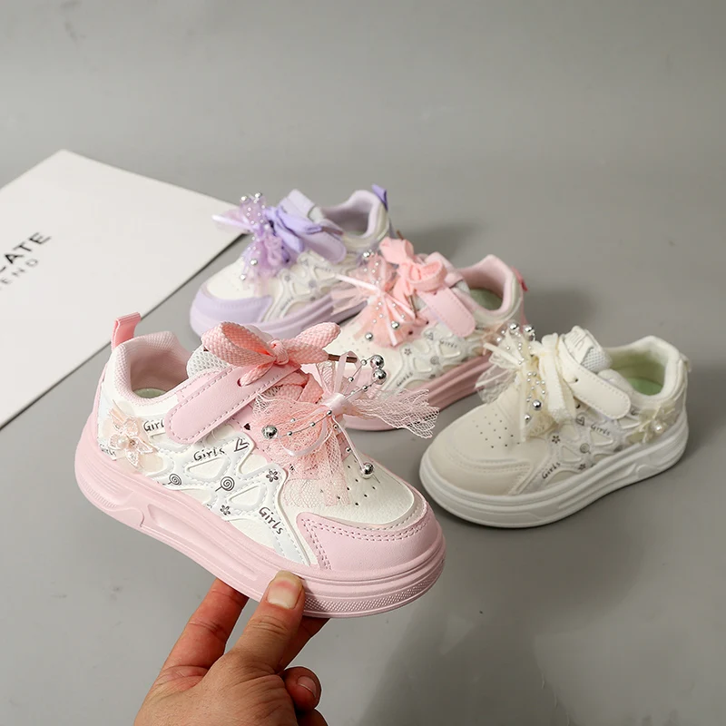 Toddler Girls Princess Lace Bow Casual Sneakers, Spring Autumn Pearl Decor Hook and Loop Kids Skate Shoes, White Pink