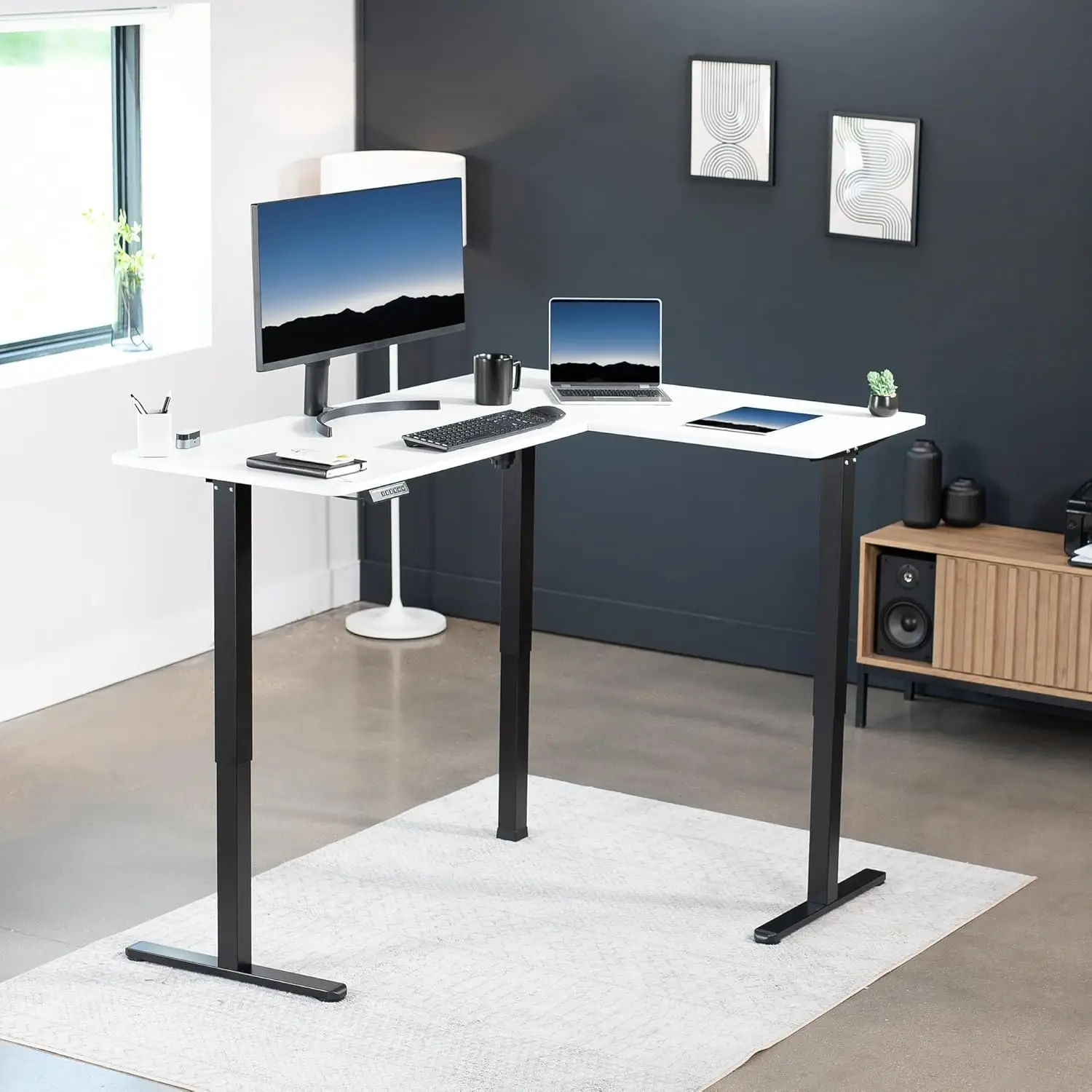 

63 x 47 inch standing electric corner table with adjustable height, memory controller, white top and black frame