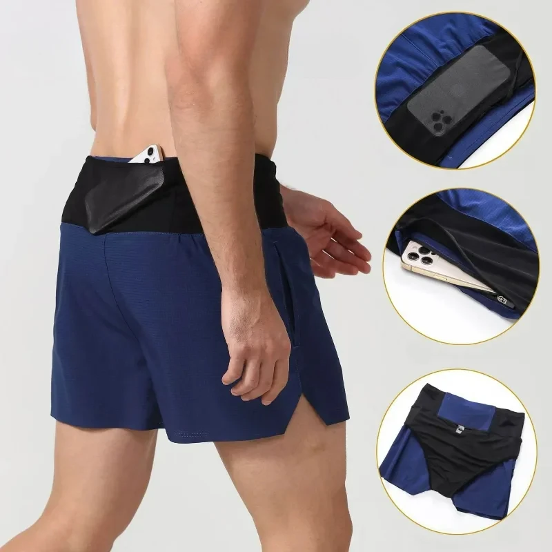 Men's 2-in-1 Triangular Lined Marathon Shorts Breathable and Quick Drying Fitness Training Men's Running Three Quarter Pants