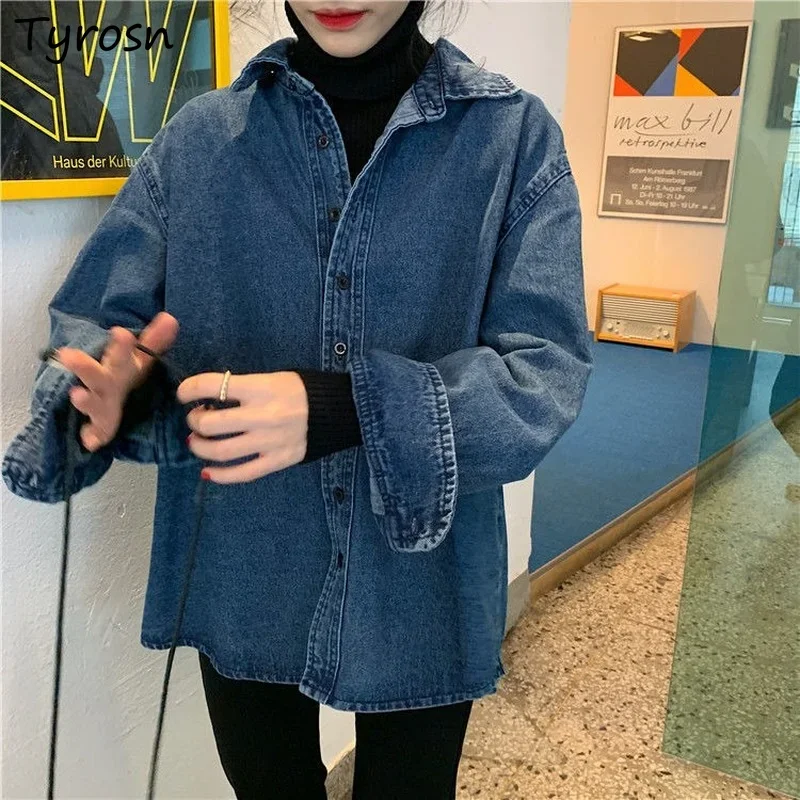 

Denim Jackets Women Turn-down Collar Loose Leisure Coats Single Breasted Solid Retro Elegant Streetwear All-match Ulzzang S-5XL