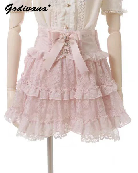 

Japanese Style Mine Mass-Produced Girly Sweet Cute Puffy Lace Bow Ruffled Skirt 2024 New Summer Women's Sweet Short A-line Skirt