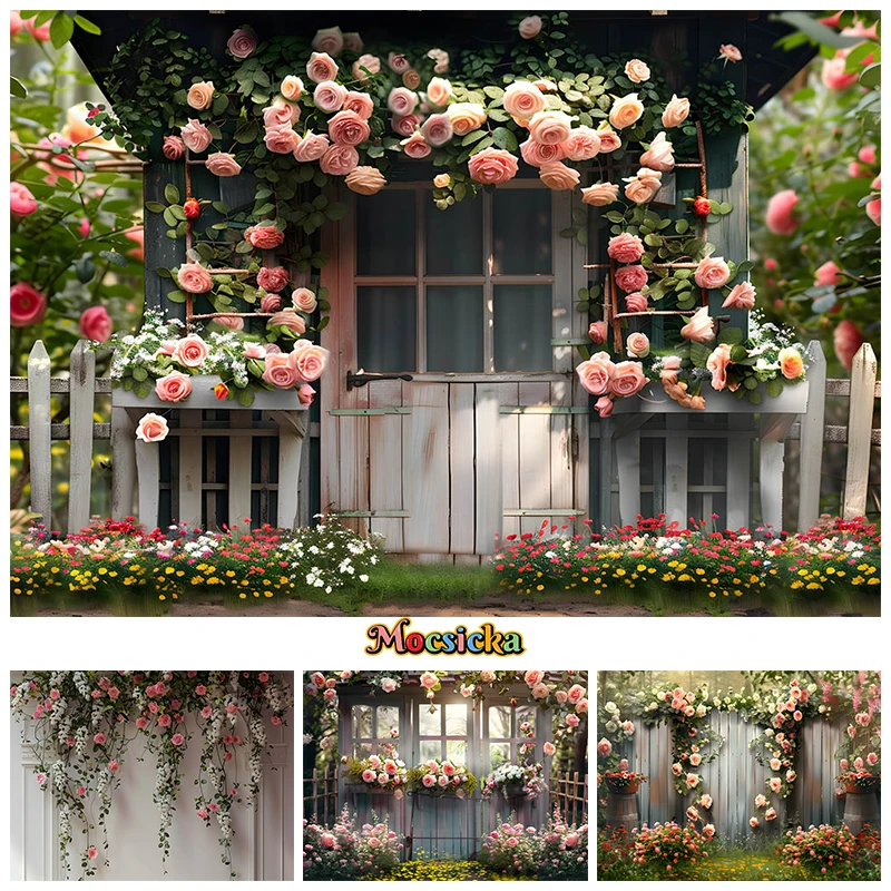 

Spring Garden Pink Rose Backdrop For Photography Flower Wooden Cabin Background Decoration Birthday Wedding Backdrops Photobooth