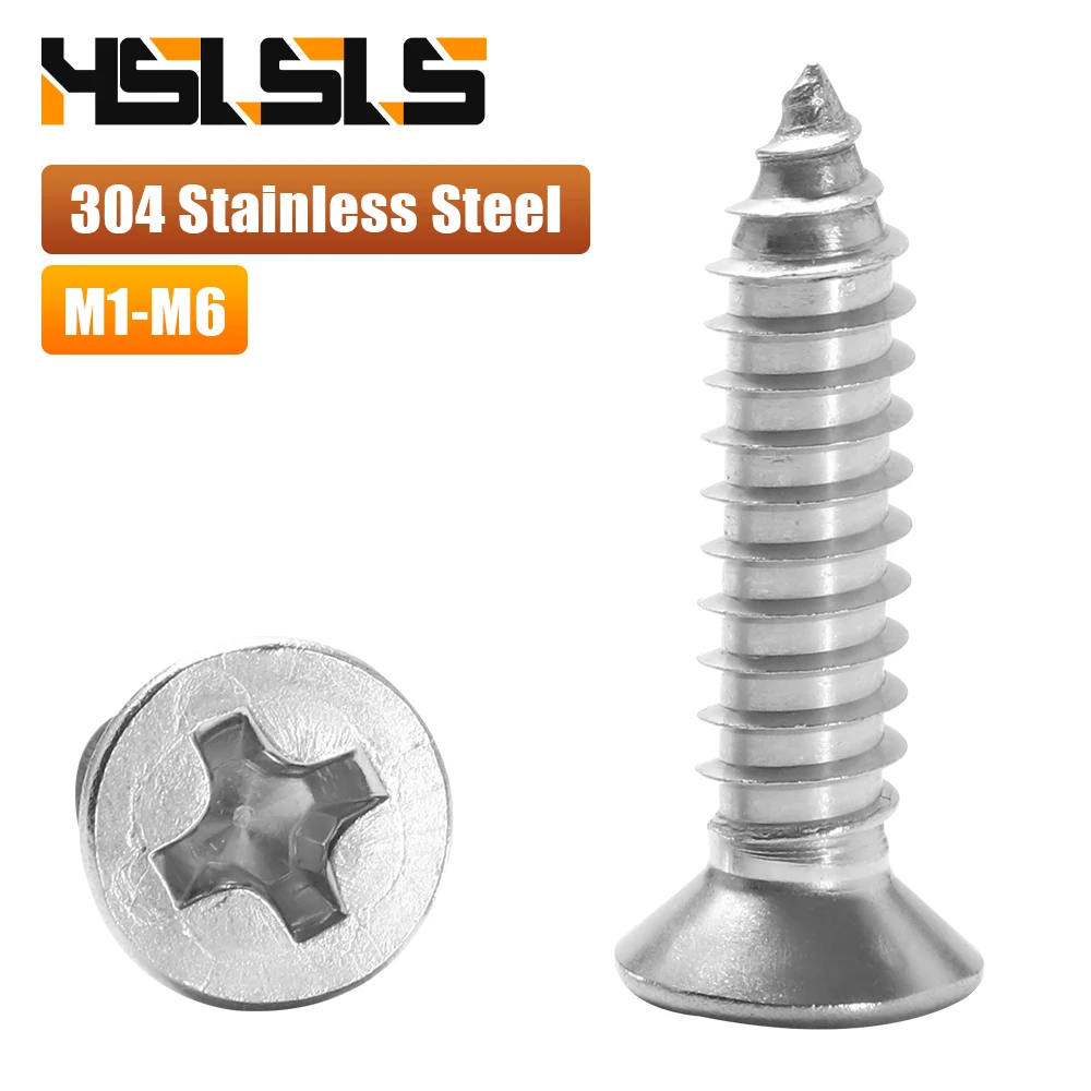 HSLSLS 10-55pcs Cross Flat Head Self-tapping Screw M1 M1.2 M1.4 M1.7 M2 M3 M3.5 M4 M5 M6 Stainless Steel Phillips Screw for Wood