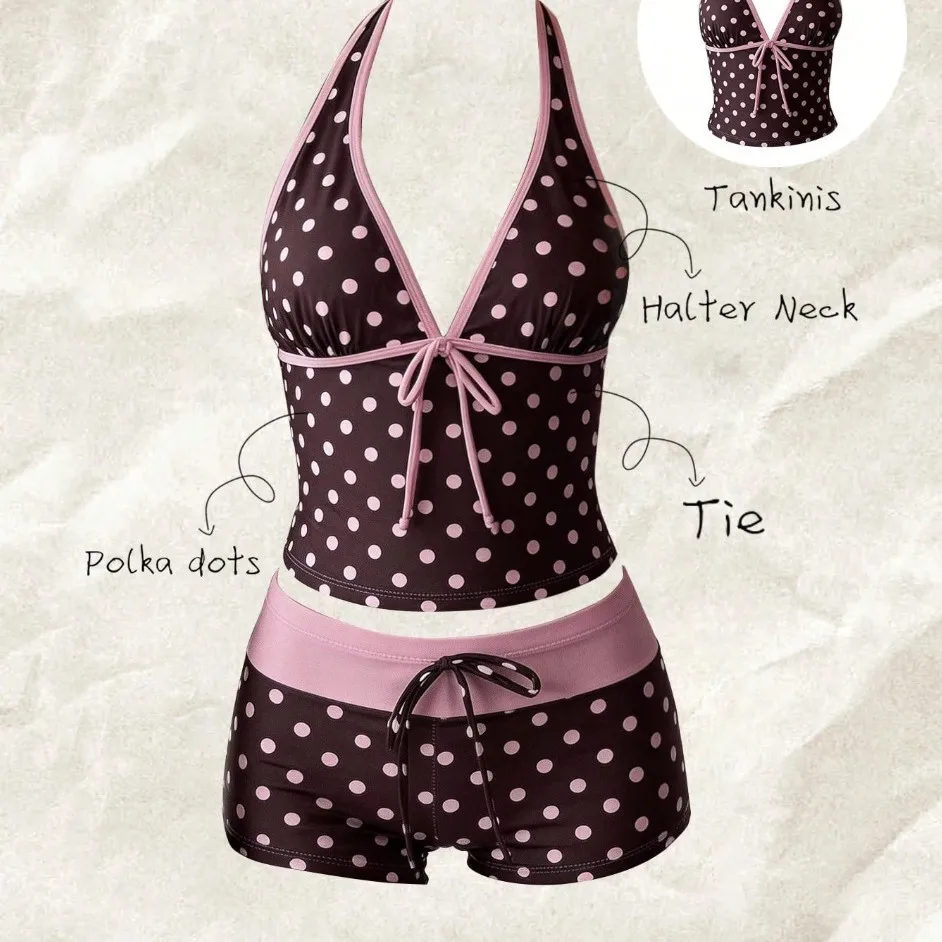 Women Swimwears Polka Dot 2-Piece Tankini Set Halter V Neck Front Tie Cami Top & Contrast Waistband Drawstring Swim Shorts