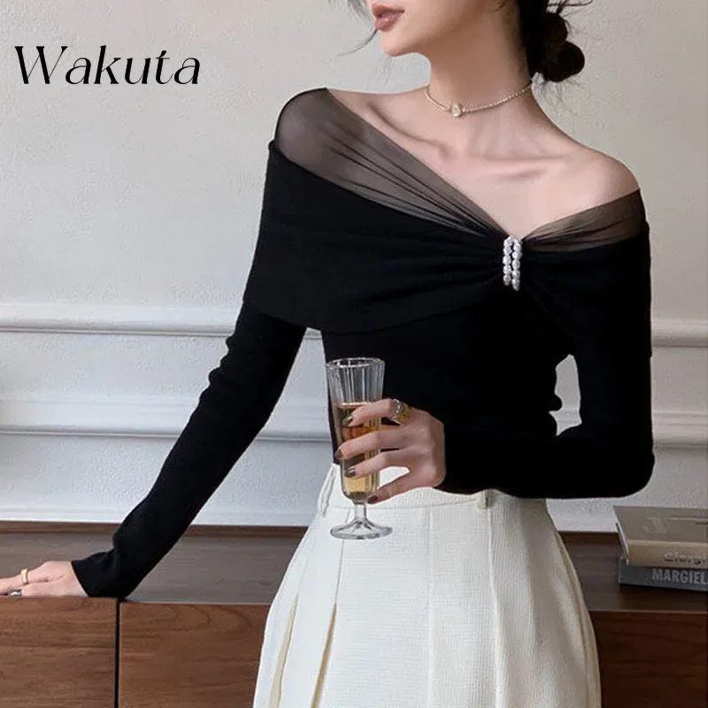 WAKUTA French Splicing Slash Neck Mesh Base Knitted Pullovers 2024 Autumn and Winter New Long Sleeved Pearl High-end Sweater