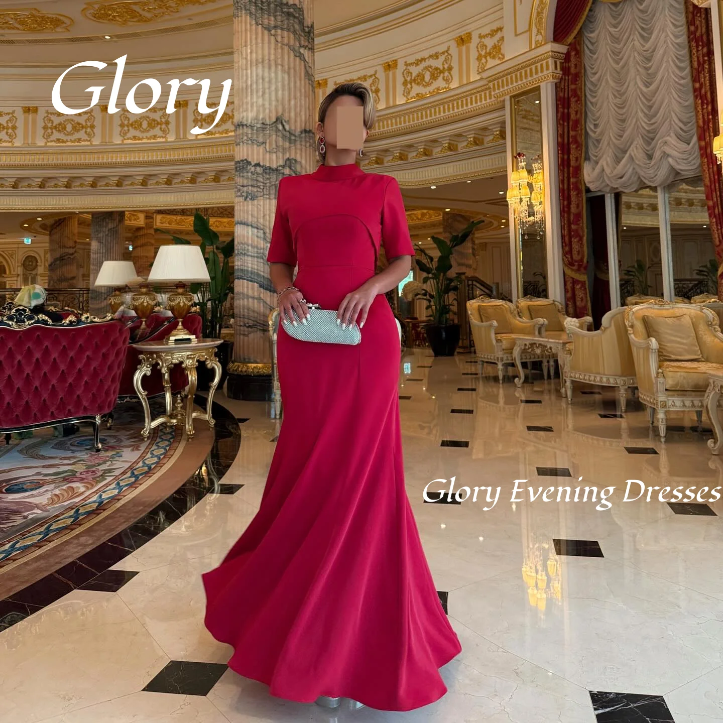 

Red High Collar Prom Dresses Strapless Floor Length Sleeveless Evening Dresses Strapless Saudi Arabia Customized Formal Dress