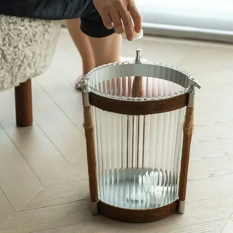 Stainless Steel Trash Can Luxury Transparent Large Capacity Waste Bins Simple Toilet Wastebasket Home Kitchen Organization