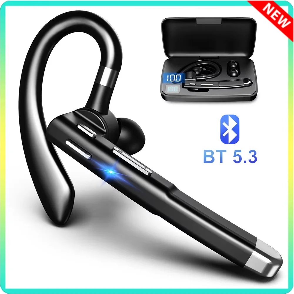 BT5.3 Single Ear Bluetooth Headset Business Ear-Mounted Hands-free Call Noise Canceling Wireless Headphones for iPhone Laptop