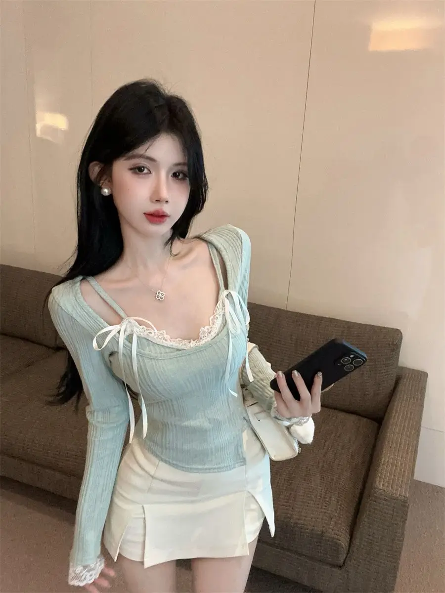 Pure Desire Green Knitted Base Shirt Women's Camisole with Lace Inside Chic Sweet and Spicy Girl Bow Short Top