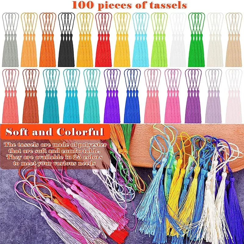 100Pcs Tassels 13cm Silky Floss Bookmark Tassels with Cord Loop Chinese Knot Tassel Fringe Jewelry Making DIY Craft Accessories