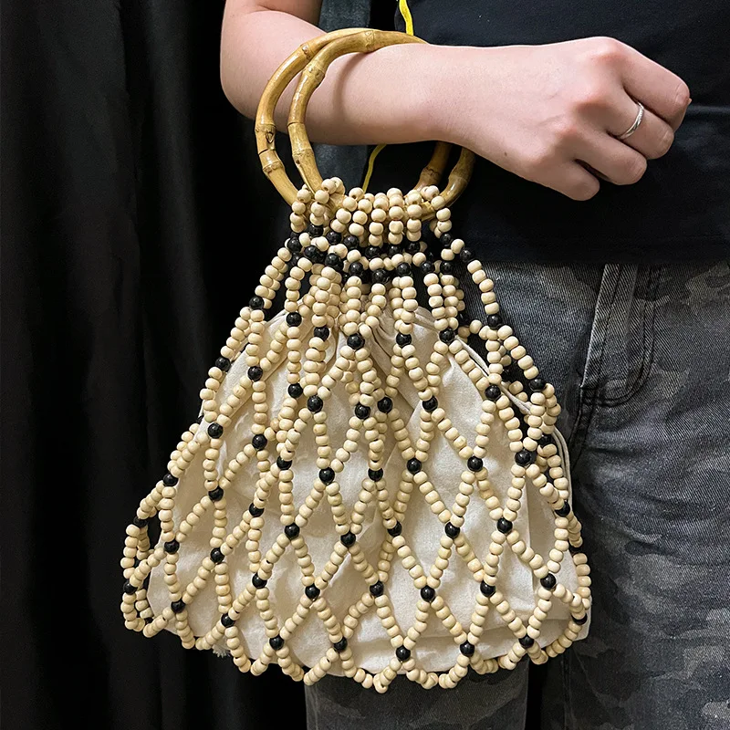 Customized New Fashionable Retro Handmade Woven Wooden Bead Mesh Bag Women's Bags Trend Versatile Vacation Beach Ladies Handbag