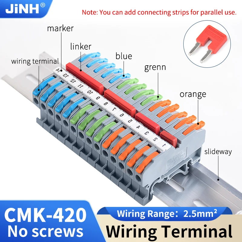JINH Compact Lever-Type Din Rail Splice Block CMK420, Color-Coded Quick Connection Terminals for Industrial Signalling