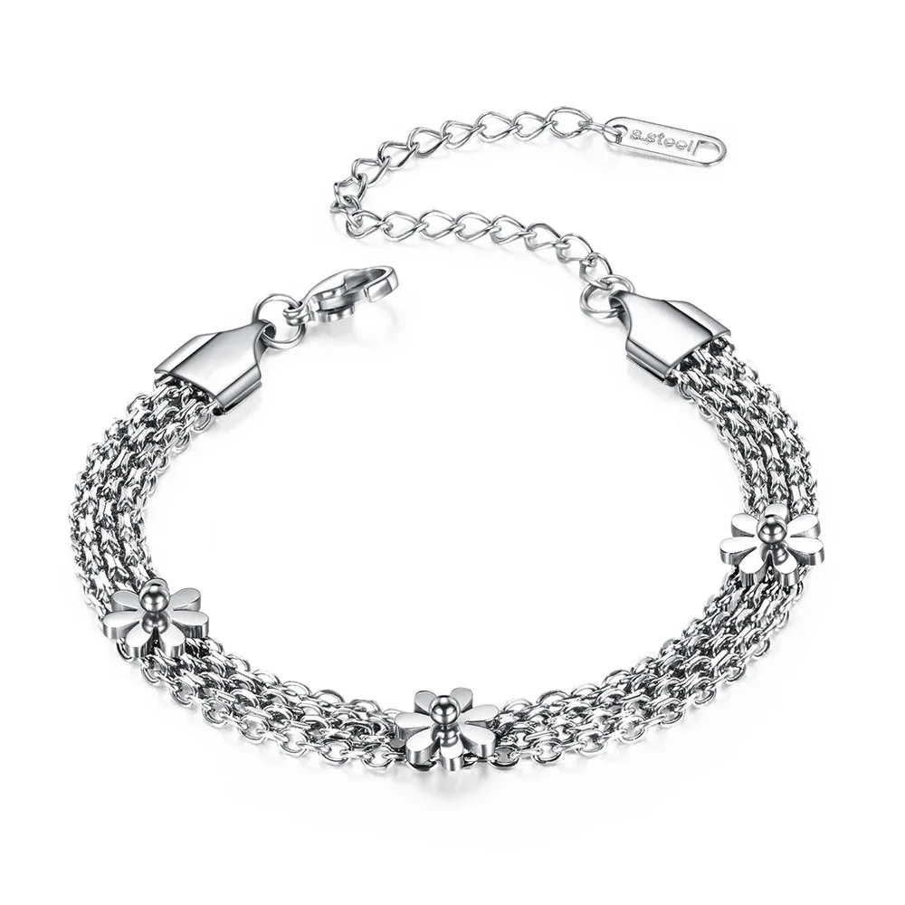 Lokaer Trendy Multi-layer Stainless Steel Three Daisy Flowers Charm Bracelets For Women Girls Bohemia Chain Link Jewelry B17070