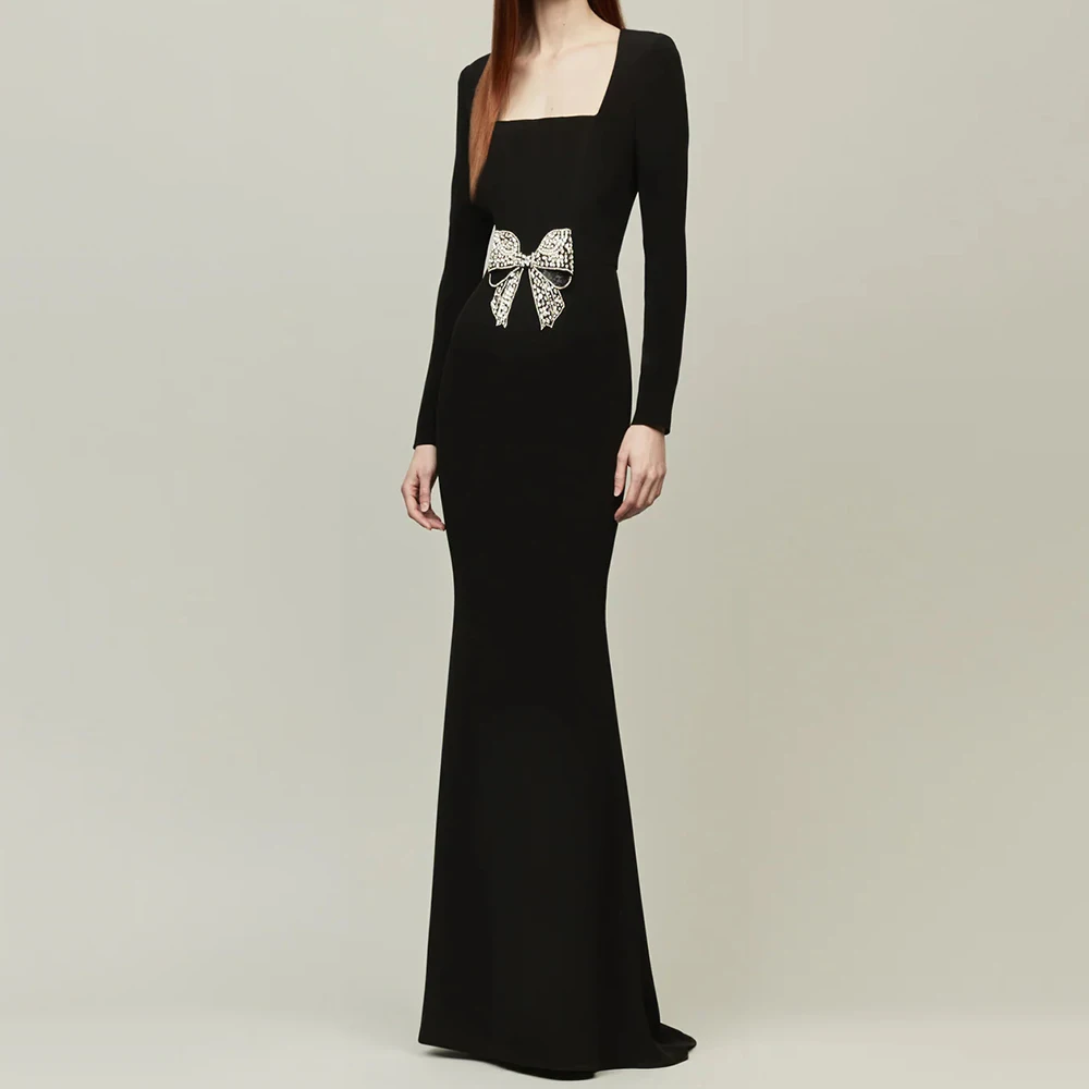 

Customized Mermaid Evening Dresses Floor-length Square Collar Full Sleeve Prom Gown Fashion Crystal Bow Simple Draped Party Gown