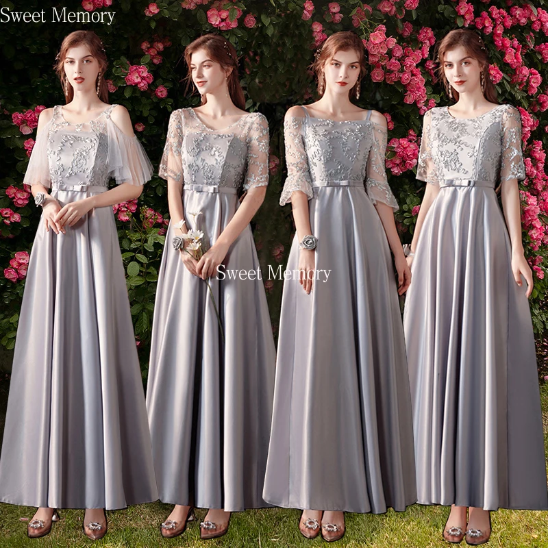 

N2065 Grey Bridesmaid Dress Pink Half Sleeve Champagne Robe Formal Lace Up Backless Sexy Woman Prom Dresses