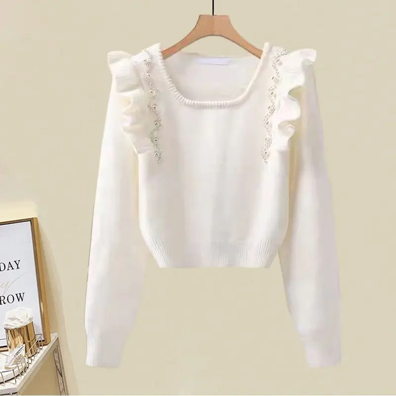 Women\'s French Spring Autumn Suit Fashion Elegant Pearl Ruffle Beaded Sweater Top Knitted Shirt Split Half Skirt Two Piece Sets