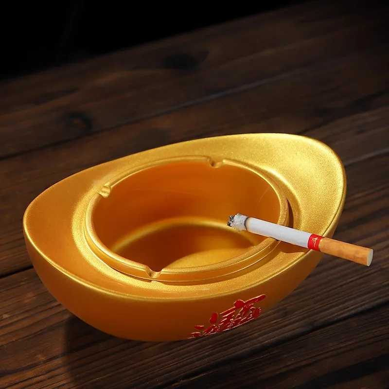 New Chinese‑Style Gold Ingot Resin Ashtray With Lid, Large‑Size Wind‑Proof Cigarette Ash Holder, Fortune Symbol Desktop Ornament