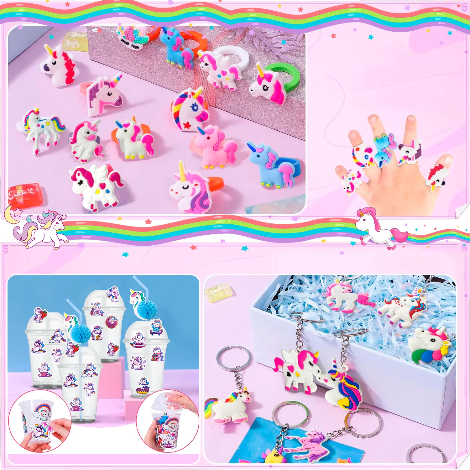 Unicorn Party Favors for Girls,134pcs Party Favors Set-Unicorn Goodie Bags Slap Bracelet Stickers Keychain Stampers Rings etc