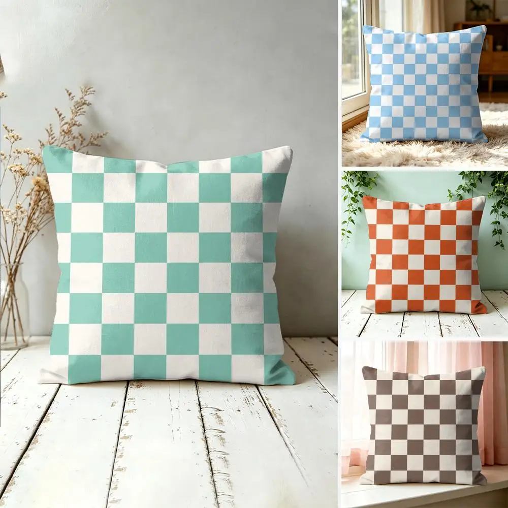 Fashion Checkerboard Plaid Pillow Case Double-Sided Plush Sofa Cushion Covers Organic Breathable Invisible Zipper