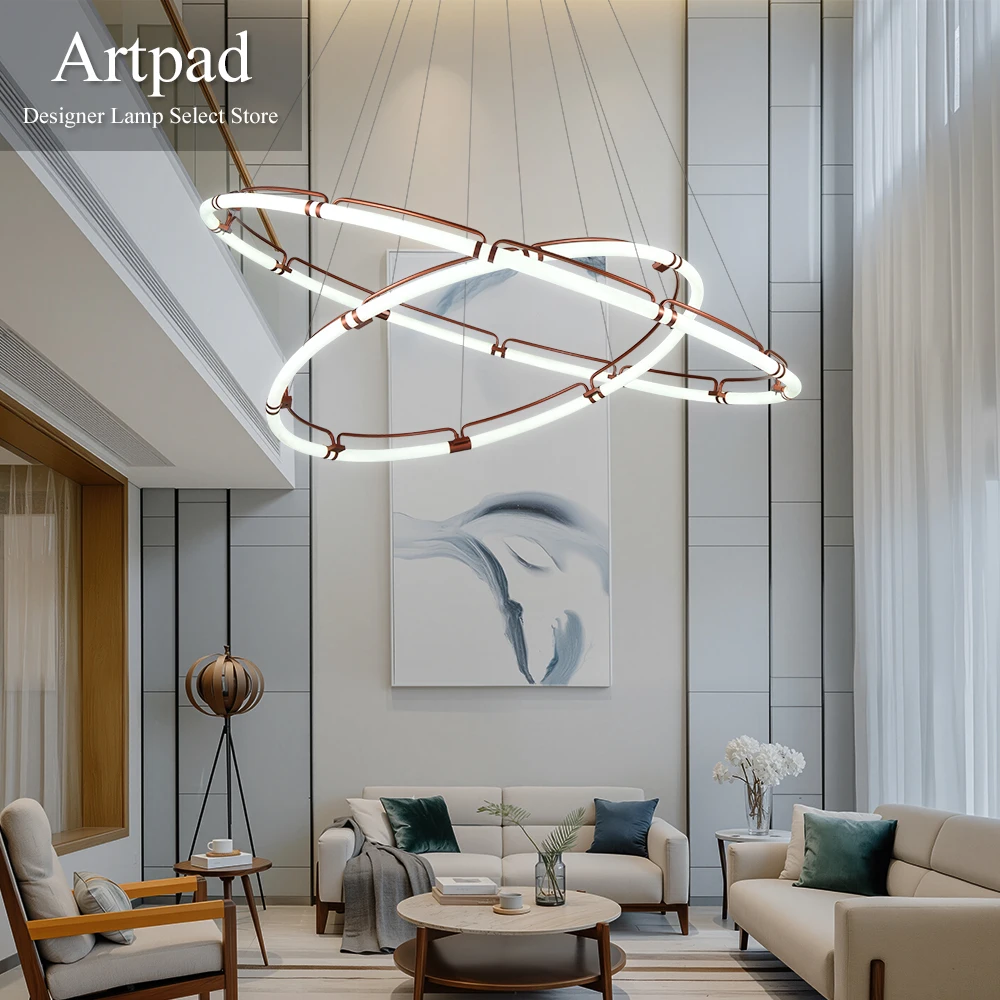 Modern Round Pendant Lamp For Living Dining Room Bedroom 360° Illumination Range Rose Gold Double-Layer Hanging Chandelier