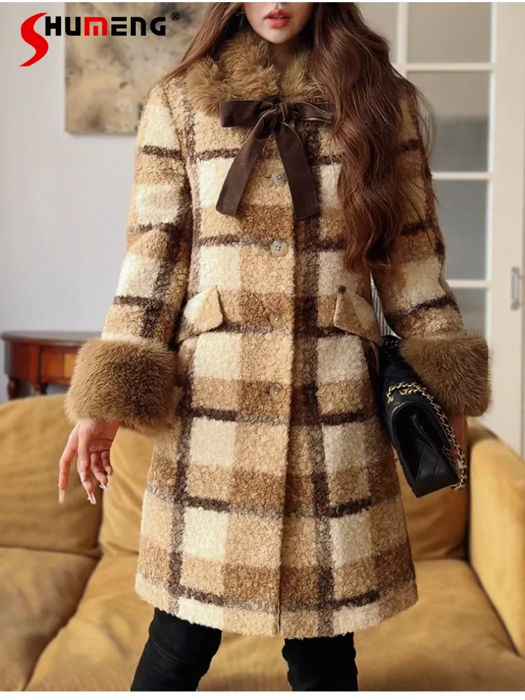 Women's 2024 Autumn Winter New High-end Fashion Woolen Coats Bow Fur Collar Imitation Lamb Wool Tops Long Sleeve Thickened Coat