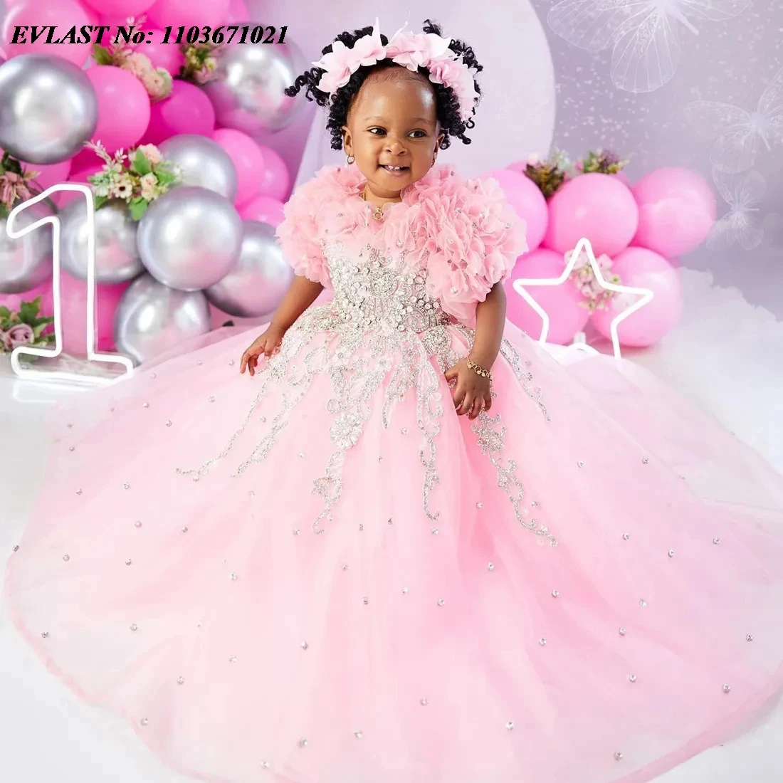 EVLAST Customized Pink Little Kids Flower Girls Dress for Weddings Crystal Girls Pageant Gown Ruffles First Communion Dress FD71