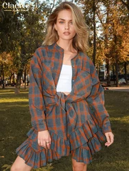 Clacive Casual Loose Orange Plaid Women's Two Pieces Set 2025 Elegant Long Sleeve Shirt With High Waist Pleated Mini Skirt Set