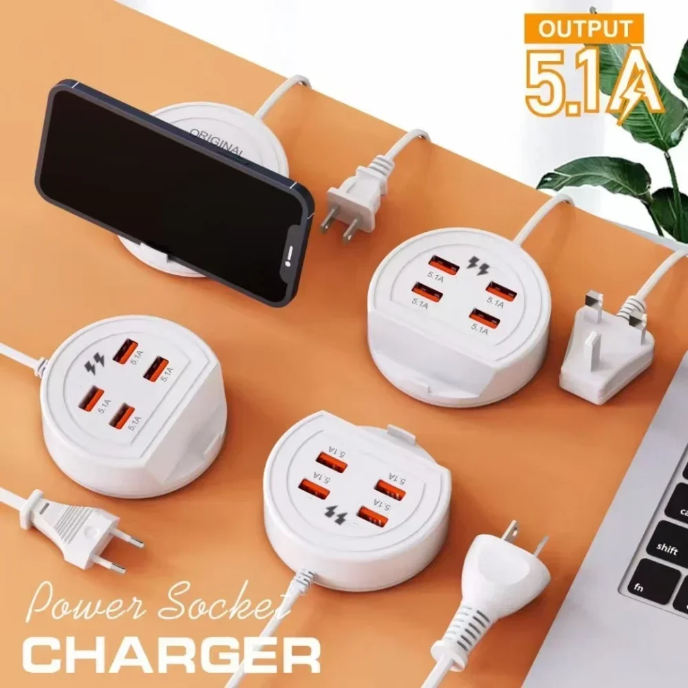 5-in-1 Power Strip with 4 Ports Phone Holder, EU/UK/US Universal Socket Multi-Device Fast Charging Station for iPhone 16 Samsung