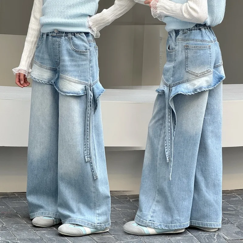New Kids Designer Fashion Denim Skirt in Jeans For Tween Girls Casual Loose Straight Jeans Pants Child Trousers Age 4-15 Years