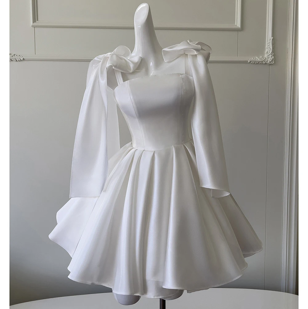 White Satin Bow Spaghetti Straps Cocktail Dresses A Line Knee Length Short Party Dresses Homecoming Dresses Formal Prom Gowns