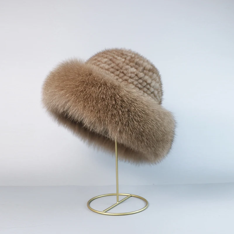 Real mink fur woman hat Fox fur beanie caps Winter woman hats Fashion mink fur knit hat