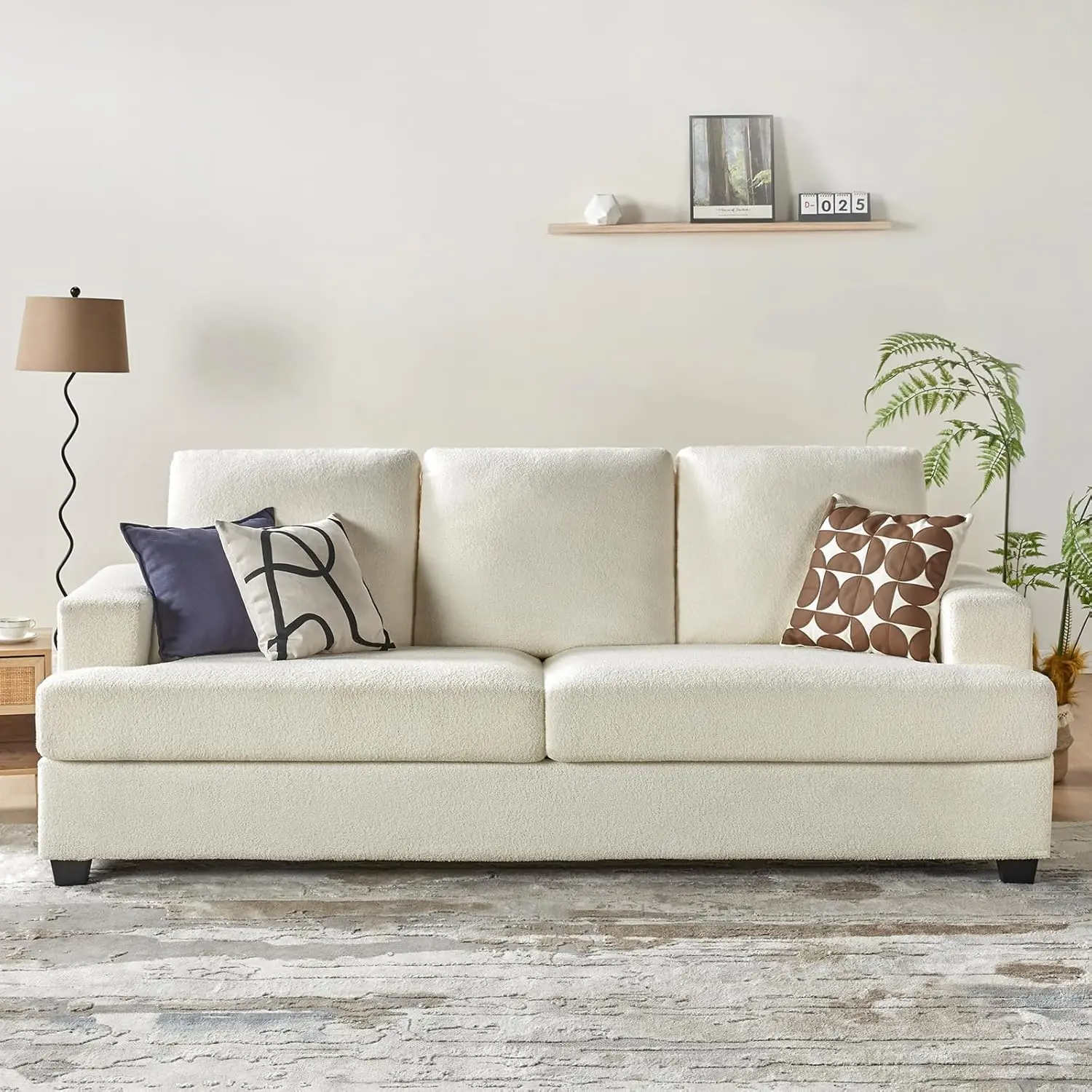 97 Inch Oversized Couch with Off-White Bouclé, 3 Seater Sofa with Square Armrest, Modern Couch