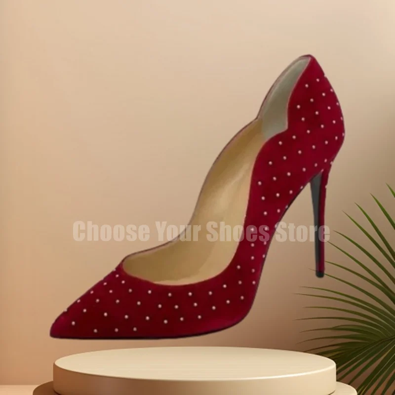 2025 أشار تو أحذية عالية الكعب الأحمر الجلد المدبوغ المسامير رصع الخنجر الكعوب المرأة فستان مثير أحذية 12/10 سنتيمتر #4