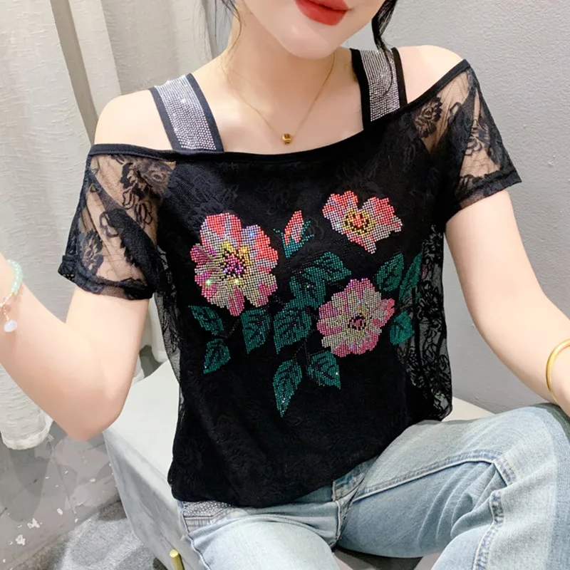 New Summer Short Sleeve Lace Tees Women Sexy Off Shouler Fashion Flower Hot Diamond T-shirt Ladies Elegant Pullover Tops