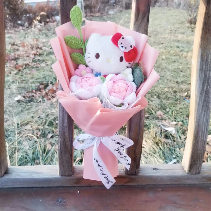 MINISO Kuromi Hello Kitty Cinnamoroll pluche boeket handgemaakt breiroos cadeau Valentijnsdag kerstvakantiecadeau